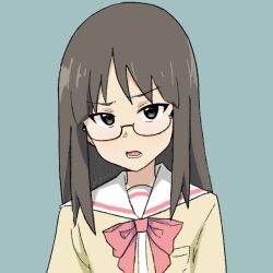Rule 34 | 1girl, artist name, bow, bowtie, brown eyes, brown hair, commentary, disgust, english commentary, glasses, green background, highres, long hair, long sleeves, looking at viewer, minakami mai, nichijou, open mouth, portrait, raised eyebrow, red bow, red bowtie, sailor collar, school uniform, shirt, simple background, solo, the freakin yui, tokisadame school uniform, white sailor collar, yellow shirt