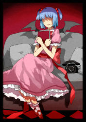 Rule 34 | 1girl, bat wings, blue hair, book, couch, faceless, full body, getiao, holding, holding book, mary janes, oni musume (yume 2kki), phone, shoes, short hair, sitting, smile, solo, twintails, wings, yume 2kki