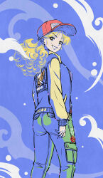 Rule 34 | 1girl, baseball cap, blonde hair, blue eyes, cargo pants, curly hair, dragon ball, dragon ball (classic), dragonball z, from behind, green pants, grin, hat, highres, jacket, kanchiyo, letterman jacket, limited palette, long hair, looking back, lunch (bad) (dragon ball), lunch (dragon ball), pants, red hat, smile, solo, standing