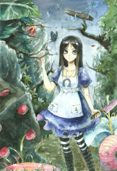 Rule 34 | 1girl, absurdres, alice: madness returns, alice (alice in wonderland), alice in wonderland, alice liddell (american mcgee&#039;s alice), american mcgee&#039;s alice, american mcgee's alice, apron, black hair, bug, butterfly, dress, green eyes, highres, insect, jewelry, long hair, necklace, neeta, pantyhose, solo, striped clothes, striped pantyhose