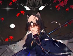 Rule 34 | animal ears, arknights, beads, black hair, brown background, dark, dog ears, dog girl, forehead tattoo, gradient background, hand on own face, leaf, long hair, looking at viewer, maple leaf, orange eyes, parted bangs, saga (arknights), solo, soukou makura, traditional clothes, very long hair