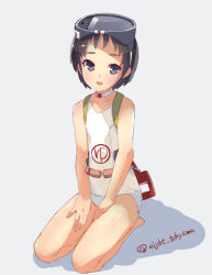 Rule 34 | 10s, 1girl, bare arms, bare legs, black hair, blue eyes, choker, diving mask, diving mask on head, eight tohyama, flat chest, floats, goggles, goggles on head, grey background, hands on thighs, hiragana, japanese flag, kantai collection, looking at viewer, maru-yu (kancolle), one-piece swimsuit, open mouth, personification, school swimsuit, seiza, short hair, sitting, smile, solo, strap, swimsuit, twitter username, white one-piece swimsuit, white school swimsuit