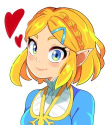 Rule 34 | 1girl, blonde hair, blue eyes, blue hairclip, blue shirt, blush, braid, collar, digicheeze, hair ornament, hairclip, highres, looking at viewer, nintendo, pointy ears, princess zelda, shirt, short hair, simple background, smile, solo, the legend of zelda, the legend of zelda: tears of the kingdom, white background, wide-eyed