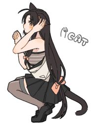 Rule 34 | 1girl, animal ears, bare shoulders, black footwear, black hair, black skirt, black thighhighs, brown eyes, cat ears, cat tail, chest sarashi, commentary request, english text, from side, highres, hinata hibari, kantai collection, kemonomimi mode, long hair, looking at viewer, pleated skirt, sarashi, shouhou (kancolle), sidelocks, simple background, skirt, solo, squatting, tail, thighhighs, very long hair, white background