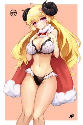 Rule 34 | 1girl, ahoge, black bow, black panties, blonde hair, bow, bowtie, bra, breasts, brooch, cape, cleavage, commentary, curled horns, frilled panties, frills, fur-trimmed cape, fur collar, fur trim, groin, hair between eyes, hair ornament, hair ribbon, hairclip, hands on own chest, hands up, head tilt, highres, hololive, horns, jewelry, large breasts, long hair, looking at viewer, navel, notte, orange background, panties, parted lips, pink ribbon, purple eyes, red bow, red bowtie, red cape, ribbon, sheep girl, sheep horns, shiny skin, sidelocks, solo, standing, stomach, striped bra, striped clothes, tsunomaki watame, underwear, virtual youtuber, white bra