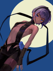 Rule 34 | 1girl, arm warmers, bare shoulders, black hairband, blue flower, breasts, center opening, cleavage, collarbone, commentary request, dark-skinned female, dark skin, fate/grand order, fate/prototype, fate/prototype: fragments of blue and silver, fate (series), flower, hairband, hassan of serenity (fate), highres, kagawa ichigo, looking at viewer, moon, navel, parted lips, purple eyes, purple hair, revealing clothes, short hair, simple background, sky, small breasts, solo, two-tone background