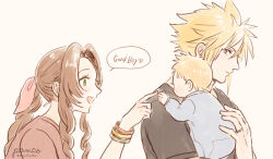 Rule 34 | 1boy, 1girl, 1other, aerith gainsborough, ancotsubu, artist name, bangle, black shirt, blonde hair, blue eyes, bracelet, braid, braided ponytail, brown hair, cloud strife, english text, family, final fantasy, final fantasy vii, final fantasy vii rebirth, final fantasy vii remake, green eyes, hair between eyes, hair ribbon, holding baby, if they mated, jewelry, long hair, open mouth, parent and child, parted bangs, pink ribbon, red shirt, ribbon, ring, shirt, short hair, short sleeves, sidelocks, single braid, smile, spiked hair, twitter username, upper body, wavy hair