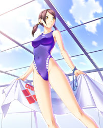 Rule 34 | 1girl, arena (company), breasts, brown hair, competition swimsuit, covered erect nipples, goggles, highleg, highleg swimsuit, kuri (kurigohan), legs, navel, nipples, one-piece swimsuit, shiny clothes, short hair, short twintails, skin tight, small breasts, smile, solo, swimsuit, towel, twintails, window, yellow eyes