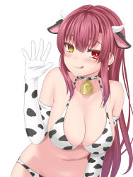 Rule 34 | 1girl, :q, absurdres, animal ears, animal print, arrow through heart, bell, belly, bikini, blush, breasts, commentary request, cow ears, cow horns, cow print, cowbell, elbow gloves, fumitsunenaro, gloves, hand up, heterochromia, highres, hololive, horns, houshou marine, large breasts, long hair, looking at viewer, navel, raised eyebrows, red eyes, red hair, simple background, solo, stomach, straight hair, swimsuit, tongue, tongue out, two-tone choker, upper body, virtual youtuber, waving, white background, yellow eyes