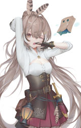Rule 34 | 1girl, ;o, arm behind head, arm up, belt, breasts, brown corset, brown eyes, brown hair, cleavage cutout, clothing cutout, commentary, corset, dagger, dmith, english commentary, feather hair ornament, feathers, friend (nanashi mumei), gloves, hair ornament, hand to own mouth, highres, hololive, hololive english, knife, lantern, long hair, looking at viewer, mixed-language commentary, multicolored hair, nanashi mumei, one eye closed, partially fingerless gloves, ponytail, pouch, red skirt, runes, shirt, simple background, skirt, small breasts, solo, streaked hair, very long hair, virtual youtuber, weapon, white background, white shirt, yawning