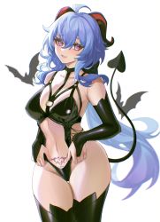 Rule 34 | 1girl, absurdres, ahoge, alternate costume, bat (animal), black thighhighs, blue hair, blush, breasts, bridal gauntlets, cleavage, cowboy shot, demon girl, demon tail, ganyu (genshin impact), genshin impact, groin, hair between eyes, heart, heart-shaped pupils, highres, latex, legs together, lingerie, lips, long hair, looking at viewer, medium breasts, parted lips, pubic tattoo, purple eyes, sidelocks, simple background, smile, solo, symbol-shaped pupils, tail, tattoo, thigh gap, thighhighs, thighs, tutou jiang, underwear, very long hair, white background