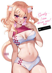 Rule 34 | 1girl, animal ear fluff, bare arms, bare shoulders, blonde hair, breasts, buruma, checkered clothes, commentary, cowboy shot, crop top, facial mark, hand up, highres, long hair, looking at viewer, medium breasts, midriff, navel, open mouth, red eyes, shyrei faolan, simple background, sleeveless, solo, squchan, standing, stomach, two side up, virtual youtuber, vyugen, whisker markings, white background