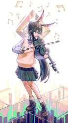 Rule 34 | 1girl, absurdres, alternate costume, amiya (arknights), animal ears, arknights, bandage on face, bandages, beamed eighth notes, beamed sixteenth notes, black footwear, black skirt, blue eyes, blue shirt, bow (music), brown hair, constant qiu, eighth note, extra ears, full body, glint, highres, holding, holding bow (music), holding instrument, holding violin, instrument, jewelry, multiple rings, music, musical note, necktie, playing instrument, pleated skirt, ponytail, purple necktie, rabbit ears, rabbit girl, ring, shirt, simple background, sixteenth note, skirt, socks, solo, standing, vest, violin, white background, white socks, yellow vest
