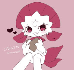 Rule 34 | 1girl, :3, alternate color, alternate shiny pokemon, animal ears, animal hands, artist name, body fur, candy, chocolate, chocolate heart, claws, creatures (company), dated, fangs, female focus, flat chest, food, forehead jewel, furry, furry female, game freak, gen 4 pokemon, hands up, happy, heart, holding, holding food, knees up, looking at viewer, monochrome, multiple tails, nintendo, open mouth, pink background, pink eyes, pokemon, pokemon (creature), shira (sirairo116), signature, simple background, sitting, smile, solo, tail, twitter username, two tails, valentine, weavile, white fur, white gemstone