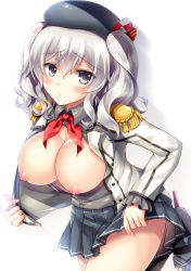 Rule 34 | 10s, 1girl, backlighting, beret, blazer, blue eyes, blush, breasts, breasts out, buttons, clothes lift, collared shirt, cowboy shot, embarrassed, epaulettes, female focus, from side, fukase ayaka, hair between eyes, hat, jacket, kantai collection, kashima (kancolle), large breasts, lifting own clothes, long sleeves, looking at viewer, miniskirt, neckerchief, nipples, no bra, open clothes, open jacket, open shirt, parted lips, pleated skirt, puffy nipples, purple eyes, school uniform, shadow, shirt, sidelocks, silver hair, simple background, skirt, skirt lift, solo, thighs, twintails, undressing, wavy hair, white background
