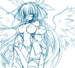 Rule 34 | 1girl, arc system works, blue theme, bow, breasts, dizzy (guilty gear), guilty gear, kekocha, large breasts, monochrome, navel, nipples, ribbon, shujin, solo, tail, tail bow, tail ornament, tail ribbon, thighhighs, wings