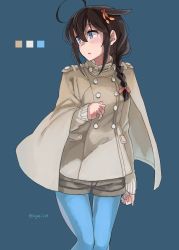 Rule 34 | 1girl, ahoge, beige coat, beige sweater, black hair, blue eyes, blue pantyhose, braid, coat, color guide, commentary request, cowboy shot, grey background, grey shorts, hair flaps, hair over shoulder, highres, kantai collection, long hair, looking to the side, pantyhose, shigure (kancolle), shigure kai ni (kancolle), shorts, single braid, solo, sugue tettou