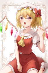 Rule 34 | 1girl, :o, ascot, between legs, blonde hair, border, bow, claw pose, commentary request, crystal, fang, flandre scarlet, frilled shirt collar, frilled skirt, frilled sleeves, frills, hair between eyes, hand between legs, hand up, hat, hat bow, hat ribbon, highres, looking at viewer, mob cap, no shoes, one side up, open mouth, orange eyes, orange nails, ornate border, outside border, puffy short sleeves, puffy sleeves, red bow, red ribbon, red skirt, red vest, ribbon, shirt, short hair, short sleeves, signature, sitting, skin fang, skirt, skirt set, socks, sola num 5130, solo, touhou, vest, wariza, white hat, white shirt, white socks, wings, yellow ascot
