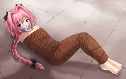 Rule 34 | 1boy, astolfo (fate), bare shoulders, barefoot, bdsm, black bow, blush, bondage, bound, bow, braid, collarbone, commentary, crack, cracked floor, english commentary, fate/grand order, fate (series), from above, full body, gag, gagged, gagged male, hair between eyes, hair bow, hair intakes, improvised gag, jitan777, knees up, long braid, long hair, looking at viewer, lying, male focus, multicolored hair, mummy, on back, pink hair, purple eyes, rope, shadow, single braid, solo, streaked hair, sweat, tape, tape gag, trap, variant set, white hair