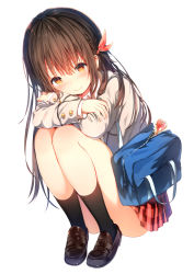 Rule 34 | 1girl, black socks, blazer, blush, braid, brown eyes, brown footwear, brown hair, closed mouth, collared shirt, commentary request, crossed arms, fingernails, full body, grey jacket, hair between eyes, hair ribbon, head tilt, heart, jacket, loafers, long hair, long sleeves, looking at viewer, plaid, plaid skirt, pleated skirt, red ribbon, red skirt, ribbon, school uniform, shirt, shoes, simple background, skirt, smile, socks, solo, squatting, sune (mugendai), very long hair, wand, white background, white shirt