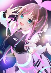 Rule 34 | 1girl, :d, absurdres, black gloves, black shirt, blue eyes, breasts, brown hair, crop top, fingerless gloves, gloves, hair ribbon, highres, jacket, kitazume kumie, kizuna ai, kizuna ai inc., long hair, long sleeves, looking at viewer, medium breasts, midriff, multicolored hair, neon lights, open clothes, open jacket, open mouth, outstretched arm, pleated skirt, ponytail, ribbon, shirt, skirt, smile, solo, streaked hair, virtual youtuber, white jacket, white skirt