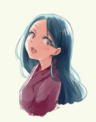 Rule 34 | 1girl, :d, blue hair, copyright request, fang, forehead, grey background, highres, japanese clothes, kimono, long hair, looking at viewer, open mouth, pas (paxiti), pink eyes, purple kimono, simple background, smile, solo, upper body