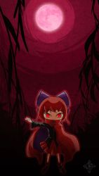 Rule 34 | 1girl, bow, cape, full moon, hair bow, highres, long sleeves, moon, nj42u6, nukekubi, outstretched arm, red eyes, red hair, red moon, sekibanki, short hair, skirt, slit pupils, solo, touhou