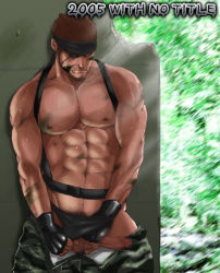Rule 34 | 1boy, abs, against wall, erection, eyepatch, headband, male focus, muscular, nikku (with no title), outdoors, penis, solo, underwear, undressing