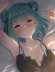 Rule 34 | 1girl, absurdres, alternate costume, armpits, arms up, bad id, bad pixiv id, bed sheet, black camisole, black nails, black ribbon, blush, breasts, camisole, cino (amairoka), closed mouth, collarbone, commentary, double bun, embarrassed, from above, green hair, hair bun, hair ornament, hair ribbon, highres, hololive, lace trim, looking at viewer, lying, nail polish, on back, red eyes, ribbon, shade, short hair, skull hair ornament, small breasts, solo, spaghetti strap, sunlight, sweat, symbol in eye, upper body, uruha rushia, virtual youtuber
