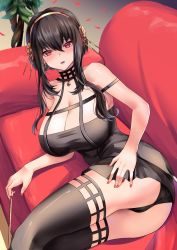 Rule 34 | 1girl, artist request, black dress, black hair, black panties, blush, breasts, cleavage, dagger, dress, gold hairband, hairband, highres, holding, holding dagger, holding knife, holding weapon, knife, large breasts, long hair, looking at viewer, panties, pantyshot, red eyes, solo, spy x family, thighhighs, thighs, underwear, weapon, yor briar