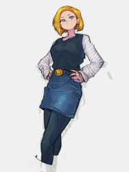 Rule 34 | 1girl, android 18, belt, belt buckle, black shirt, blonde hair, blue eyes, blue shorts, brown belt, buckle, closed mouth, cropped legs, dragon ball, dragonball z, earrings, facing viewer, feet out of frame, grey background, hands on own hips, jewelry, kemachiku, looking at viewer, miniskirt, shirt, short hair, shorts, simple background, sketch, skirt, solo, standing, striped sleeves, white sleeves