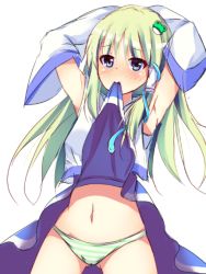 Rule 34 | 1girl, armpits, arms up, blue eyes, blush, clothes lift, detached sleeves, frog hair ornament, full-face blush, green hair, hair ornament, hair tubes, kochiya sanae, long hair, looking at viewer, merxkialis, mouth hold, navel, panties, skirt, skirt lift, smile, snake hair ornament, solo, striped clothes, striped panties, touhou, underwear