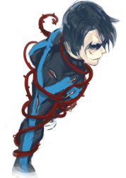 Rule 34 | 1boy, batman (series), black hair, blue eyes, broken mask, dc comics, dick grayson, male focus, mask, nightwing, simple background, solo, sylph, torn clothes, white background