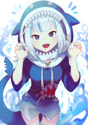 Rule 34 | :d, absurdres, animal costume, animal hood, blue eyes, blue hair, blue hoodie, blue nails, breasts, cowboy shot, fins, fish tail, gawr gura, gawr gura (1st costume), giirl, highres, hololive, hololive english, hood, hood up, hoodie, looking at viewer, medium hair, multicolored hair, nail polish, offbeat, open mouth, shark costume, shark girl, shark hood, shark tail, sharp teeth, silver hair, smile, solo, streaked hair, tail, teeth, virtual youtuber, water, white background, wide sleeves
