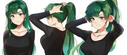 Rule 34 | 1girl, absurdres, arms up, black sweater, blush, closed mouth, earrings, female focus, fire emblem, fire emblem: the blazing blade, fire emblem heroes, from behind, green eyes, green hair, grin, high ponytail, highres, jewelry, long hair, looking at viewer, lyn (fire emblem), matching hair/eyes, nintendo, ormille, ponytail, smile, sweater, tying hair