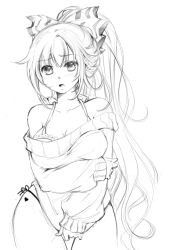 Rule 34 | 1girl, bare shoulders, bow, bra, breasts, cleavage, clothes tug, collarbone, fujiwara no mokou, greyscale, hair bow, highres, jokanhiyou, lace, lace-trimmed bra, lace trim, large breasts, long hair, long sleeves, monochrome, no pants, off-shoulder, off-shoulder sweater, off shoulder, panties, ponytail, side-tie panties, sketch, sweater, sweater tug, touhou, underwear, very long hair
