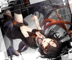 Rule 34 | 1girl, asymmetrical wings, black dress, black hair, black thighhighs, collar, commentary, dress, fangs, finger to mouth, frilled collar, frills, hisona (suaritesumi), houjuu nue, index finger raised, long hair, one eye closed, open mouth, red eyes, short dress, short hair, smile, solo, thighhighs, touhou, upside-down, wings, zettai ryouiki