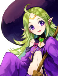 Rule 34 | 1girl, :d, ahoge, bare shoulders, blush, bow, breasts, broom, circlet, crop top, detached sleeves, fire emblem, fire emblem awakening, fire emblem heroes, green hair, halloween costume, hat, head tilt, heart, holding, holding broom, jurge, long hair, long sleeves, midriff, navel, nintendo, nowi (fire emblem), open mouth, parted bangs, pink bow, pointy ears, purple eyes, purple hat, round teeth, simple background, sleeves past fingers, sleeves past wrists, small breasts, smile, solo, teeth, upper teeth only, very long hair, white background, witch hat