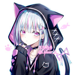 Rule 34 | 1girl, animal ears, animal hood, black choker, black hoodie, black nails, blush, cat ears, cat hood, cat tail, choker, closed mouth, collarbone, commentary request, drawstring, earrings, fake animal ears, hair ornament, hairclip, hand to own mouth, hand up, hood, hood up, hoodie, jewelry, kazunehaka, long sleeves, looking at viewer, multicolored hair, nail polish, original, pink eyes, pink hair, pink ribbon, ribbon, silver hair, simple background, sleeves past wrists, solo, streaked hair, tail, tail ornament, tail raised, tail ribbon, twitter username, upper body, white background, x hair ornament