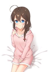 Rule 34 | 1girl, absurdres, ahoge, alternate costume, blue eyes, braid, brown hair, hair between eyes, hair over shoulder, highres, ishmofu, kantai collection, looking at viewer, pajamas, shigure (kancolle), simple background, sitting, solo, white background
