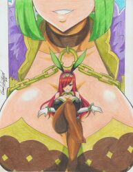 Rule 34 | 2022, 2girls, absurdres, animal ears, ass, brandish mew, breasts, chain, cleavage, collarbone, commission, earrings, erza scarlet, fairy tail, fake animal ears, foot focus, giant, giantess, gloves, gluteal fold, green hair, hair over one eye, highres, huge breasts, jewelry, large breasts, leotard, long hair, multiple girls, playboy bunny, rabbit ears, ravernclouk design, red eyes, red hair, size difference, smile, thick thighs, thighs, traditional media