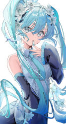 Rule 34 | 00nanona, 1girl, absurdres, bare shoulders, black skirt, black sleeves, blue eyes, blue hair, blue nails, blue necktie, closed mouth, commentary request, detached sleeves, flower, frilled sleeves, frills, hair between eyes, hatsune miku, highres, lily (flower), long hair, long sleeves, nail polish, necktie, shirt, simple background, skirt, sleeveless, sleeveless shirt, sleeves past wrists, solo, twintails, very long hair, vocaloid, white background, white flower, white shirt