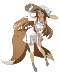 Rule 34 | 1girl, animal ears, arm up, blue flower, bracelet, brown hair, collarbone, dress, floating hair, flower, fox ears, fox tail, full body, green eyes, grey hat, hand on lap, hat, hat flower, jewelry, layered dress, leaning forward, log horizon, long hair, looking at viewer, multiple tails, official art, sandals, short dress, sleeveless, sleeveless dress, solo, straw hat, sun hat, sundress, sylvia (log horizon), tail, transparent background, two tails, very long hair, white dress