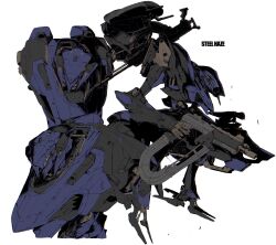 Rule 34 | absurdres, armored core, armored core 6, character name, dual wielding, full body, green eyes, gun, highres, holding, holding gun, holding weapon, mecha, mecha focus, missile pod, mznomono, no humans, reverse-jointed legs, robot, science fiction, simple background, standing, steel haze, weapon, weapon on back, white background