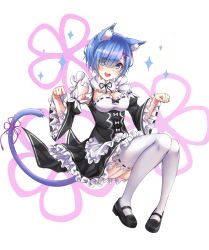Rule 34 | 1girl, :3, :d, animal ear fluff, animal ears, apron, bad id, bad pixiv id, black footwear, black ribbon, black sleeves, blue eyes, blue hair, blush, bow, breasts, cat ears, cat girl, cat tail, cleavage, commentary, detached sleeves, dress, dress bow, fang, frilled apron, frilled dress, frills, full body, garter straps, hair ornament, hair over one eye, highres, juliet sleeves, kemonomimi mode, knees together feet apart, long sleeves, looking at viewer, maid, maid apron, maid headdress, mary janes, medium breasts, n15e, open mouth, paw pose, pink ribbon, puffy sleeves, re:zero kara hajimeru isekai seikatsu, rem (re:zero), ribbon, ribbon-trimmed legwear, ribbon trim, roswaal mansion maid uniform, shoes, short hair, smile, solo, sparkle, tail, tail ornament, tail ribbon, thighhighs, underbust, white apron, white background, white bow, white thighhighs, wide sleeves, x hair ornament