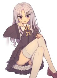 Rule 34 | 1girl, black dress, black panties, bow, collared dress, crossed legs, dress, dress bow, everyntrge, female focus, flat chest, foot out of frame, frilled dress, frills, grey hair, hand on own knee, highres, legs together, light blush, loafers, long hair, long sleeves, looking at viewer, open mouth, original, panties, pantyshot, purple eyes, shoes, simple background, sitting, smile, smug, solo, thighhighs, underwear, white background, white thighhighs, wide sleeves, yellow bow
