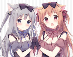 Rule 34 | 2girls, :d, amairo chocolata, amamiya mikuri, animal ear fluff, animal ears, black bow, black gloves, blue neckwear, blush, bow, breasts, brown hair, brown shirt, cat ears, cleavage, commentary request, detached collar, detached sleeves, dog ears, frilled gloves, frilled sleeves, frills, gloves, grey eyes, grey hair, grey shirt, hair bow, hair ornament, hair ribbon, hairclip, hazuki (sutasuta), highres, holding hands, long hair, looking at viewer, multiple girls, neck ribbon, open mouth, purple eyes, red ribbon, ribbon, shirt, small breasts, smile, striped background, striped ribbon, two side up, underbust, upper body, vertical stripes, yukimura chieri