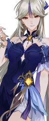 Rule 34 | 1girl, absurdres, blue dress, bracelet, breasts, claw ring, closed mouth, commentary, cowboy shot, detached collar, dress, gem, genshin impact, hair ornament, hair tassel, highres, jewelry, lips, long hair, looking at viewer, medium breasts, ningguang (genshin impact), ningguang (orchid&#039;s evening gown) (genshin impact), official alternate costume, parted bangs, ponytail, red eyes, sidelocks, silver hair, simple background, sirorosan, smile, solo, tassel, tassel hair ornament, vision (genshin impact), white background