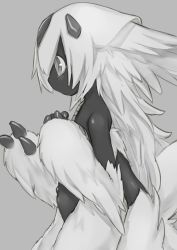 Rule 34 | 1girl, black skin, colored skin, emdo, extra arms, faputa, female focus, fur, made in abyss, monochrome, monster girl, navel, outie navel, profile, solo, white hair