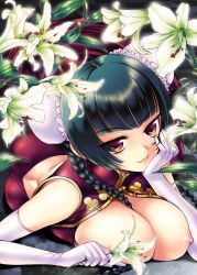 Rule 34 | 00s, 1girl, bad id, bad pixiv id, bare shoulders, black hair, braid, breasts, brown eyes, bun cover, butt crack, china dress, chinese clothes, double bun, dress, elbow gloves, flower, gloves, gundam, gundam 00, hair bun, highres, huge breasts, lily (flower), long hair, naughty face, nipples, open clothes, open shirt, shirt, smile, solo, uk-works, wang liu mei